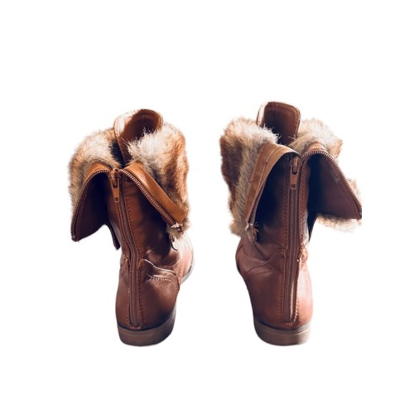 Bumper Womens Tan Faux Leather Lace Up Fur Lined Combat Boots Ankle Mid Calf - Picture 4 of 12